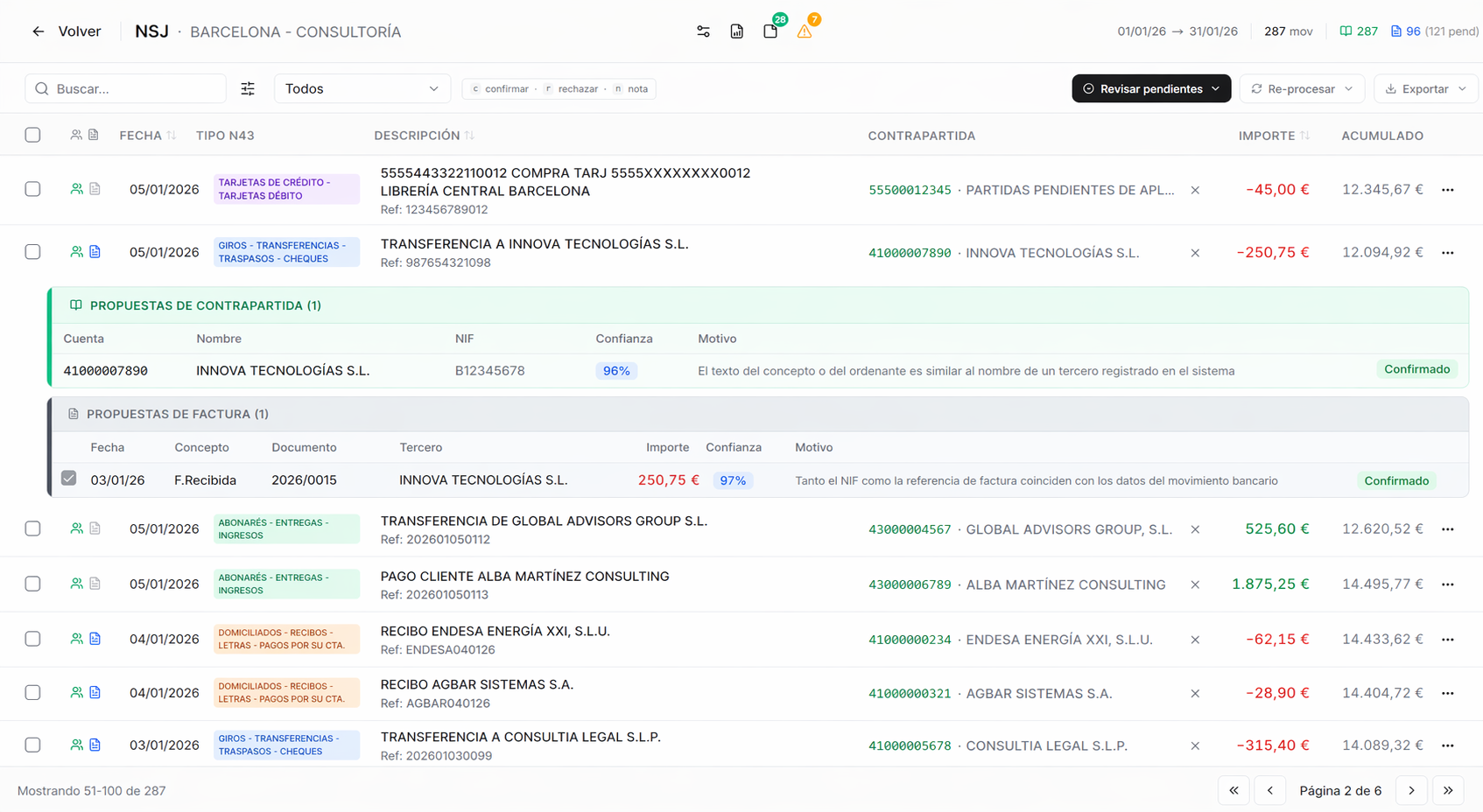 Panel de conciliación bancaria de Contazzz cruzando facturas con extracto bancario