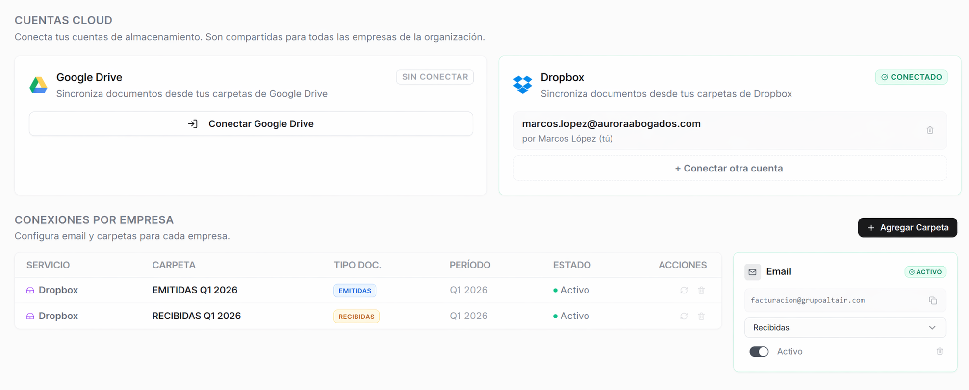 Panel de conexiones cloud de Contazzz sincronizando Google Drive y Dropbox